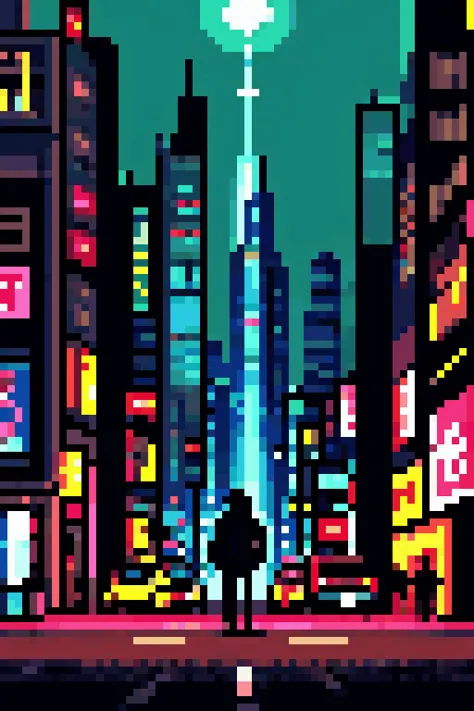 a pixel art of a city with a person standing in the middle of it