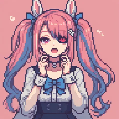 a close up of a pixel art of a girl with pink hair