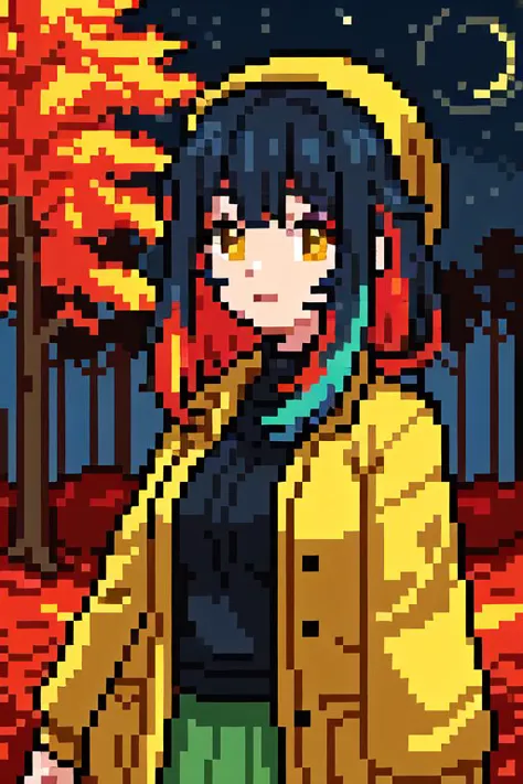1girl, multicolored hair, upperbody, pixel world,nature, forest, autumn,  yellow leaf, night sky