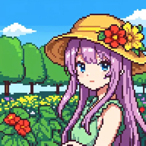 chica de anime con un tocado floral, fondo del jardin, cielo azul