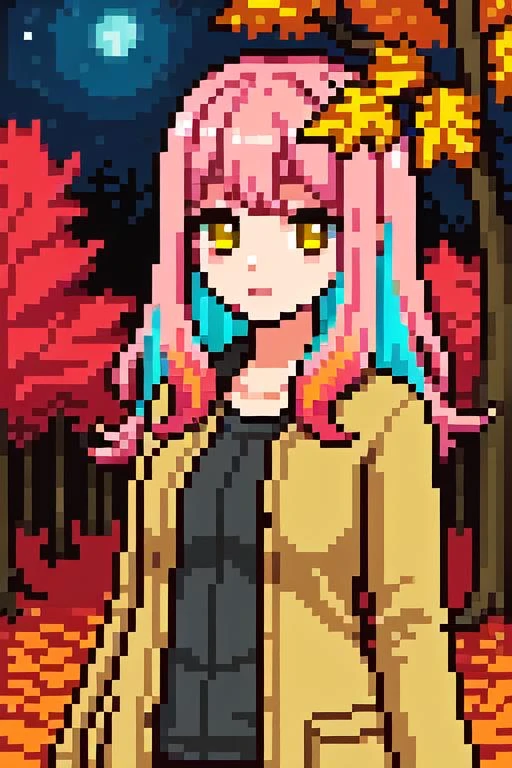 1 девушка, разноцветные розовые волосы, верхняя часть тела, пиксельный мир,природа, лес, осень,  желтый лист, ночное небо