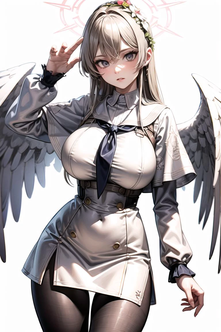 pov, cowboy shot, standing, best quality, masterpiece, nagisa-fi, halo, white wings, long sleeves, white dress, sailor collar, capelet, white skirt, black pantyhose, (huge breasts:1.2), (thigh gap:1.2), looking at viewer, 3d, (realistic:1.2), detailed face, detailed eyes, beautiful, expressionless, perfect lighting, ultra detail, (white background:1.2)