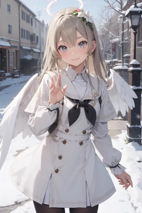 (masterpiece:1.3), (absurdres:1.3), (best quality:1.3), (ultra-detailed:1.3), snow, outdoors, upper body, waving, smile, 1girl, nagisa-fi, halo, <lora:nagisa-fi-09:1>, white wings, long sleeves, white dress, sailor collar, capelet, white skirt, black panty...