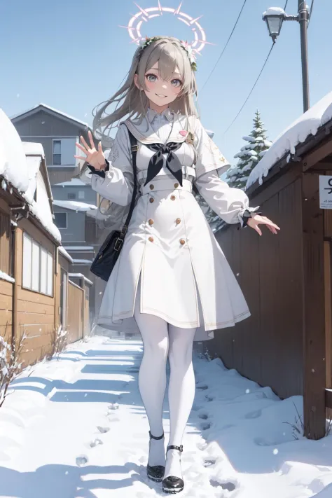 (masterpiece:1.3), (absurdres:1.3), (best quality:1.3), (ultra-detailed:1.3), snow, outdoors, full body, waving, smile, 1girl, nagisa-fi, halo, <lora:nagisa-fi-09:1>, white wings, long sleeves, white dress, sailor collar, capelet, white skirt, black pantyh...