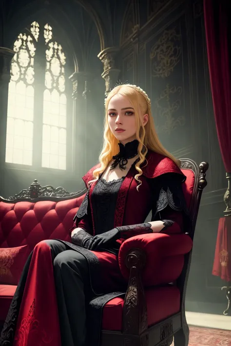 portrait of blonde woman sitting on red sofa in a dark luxurious gothic manor interior intricately detailed robes gloves, very b...