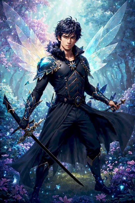 elegant male fairy swordsman wearing (obsidian black coat:1.3), holding a fine sword, dynamic_pose, magical forest, (beatiful fairy wings:1.3), long flowing hair, magic particles style-swirlmagic, beautiful magic forest background, Style-Glass, bright moonlight, Style-Petal, fairytaleai, <lora:fairytaleai_v10:0.8>