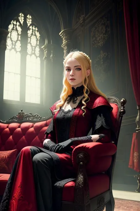 portrait of blonde woman sitting on red sofa in a dark luxurious gothic manor interior intricately detailed robes gloves, very b...