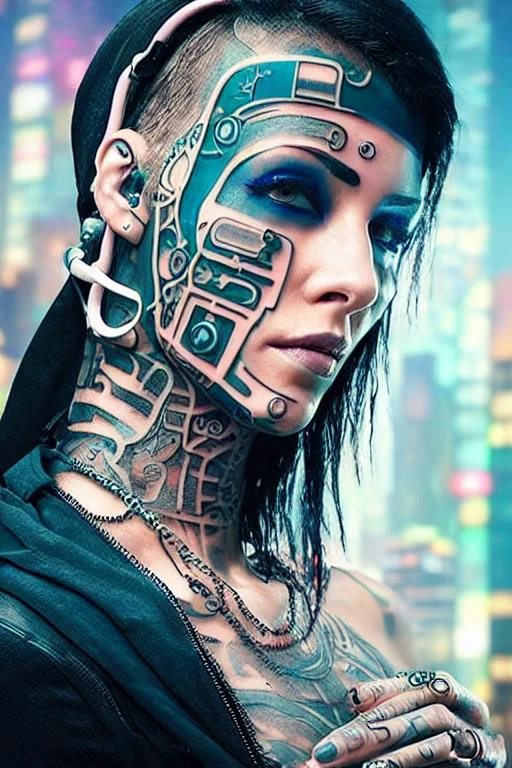 ((mujer ciberpunk)) con una cara tatuada frente a un (paisaje urbano de neón)
