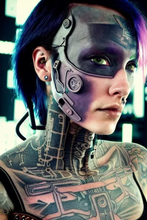 (((femme cyberpunk))) avec un visage tatoué devant un (paysage urbain au néon)