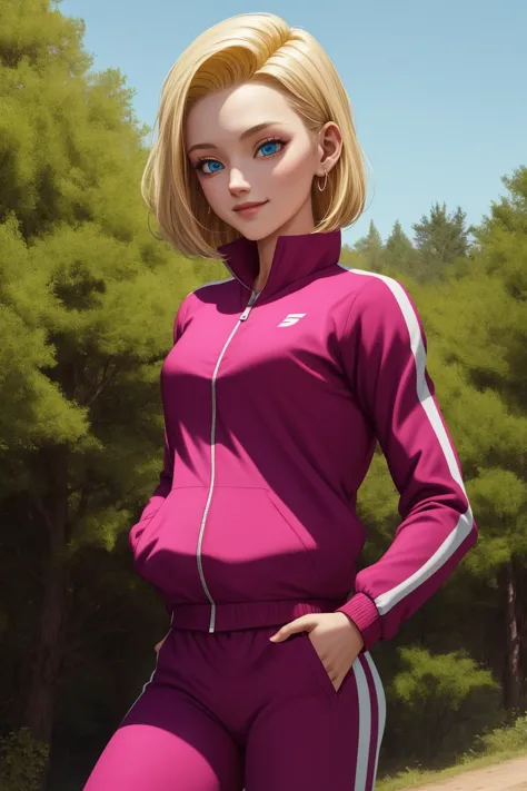 android18, 1girl, solo, blue eyes, blonde hair, short hair, earrings,
track jacket, pink jacket, track suit, long sleeves, track...