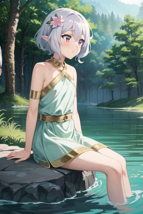 masterpiece, best quality, cowboy shot, 1girl, small chest, <lora:GreekClothes:0.8>, greek clothes, peplos, sitting on the rock, in the middle of lake,
 <lora:PrincessConnect_Kokkoro:0.6>, Kokkoro, grey hair, short hair, antenna hair, pink eyes, hair flower, pointy ears, looking away, blush, shy,
in the forest,