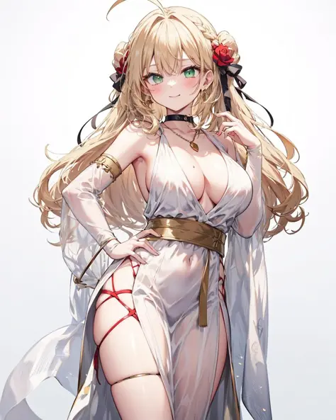 <lora:GreekClothes:1>,
greek clothes, peplos, 1girl, breasts,blonde hair, ahoge, green eyes, flower, hair intakes, looking at viewer, large breasts, solo, rose, jewelry, bangs, hand on hip, ribbon, thighs, collarbone, white background, smile, detached slee...