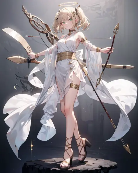 <lora:GreekClothes:1>,
greek clothes, peplos, 1girl, solo, weapon, long hair, bow \(weapon\), holding, holding bow \(weapon\), halo, arrow \(projectile\), holding weapon, gladiator sandals, blonde hair, jewelry, sandals, star \(symbol\), breasts, bracelet,...