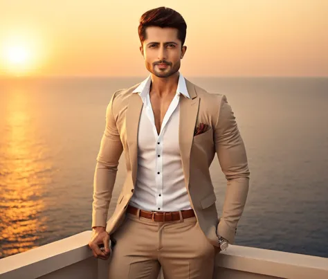 a man in a tan suit standing on a balcony next to the ocean