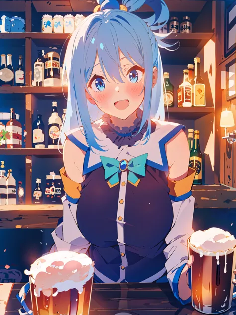 anime girl sitting at a bar with two mugs of beer