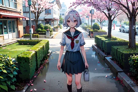 anime girl walking down a sidewalk with a book in her hand