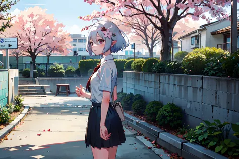 anime girl in a short skirt and a gray shirt standing on a sidewalk