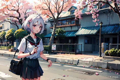 masterpiece, best quality, branch, building, chain-link fence, cherry blossoms, fence, outdoors, petals, rain, tree, sky, street, <lora:kokkoro_v1:0.8>, kokkoro, solo, 1girl, hair ornament, short hair, white hair, black skirt, pleated skirt, shirt, school uniform, short sleeves