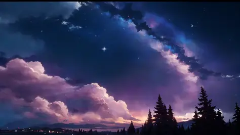 masterpiece, best quality, night sky, cloud, bright colors, purple milky way,