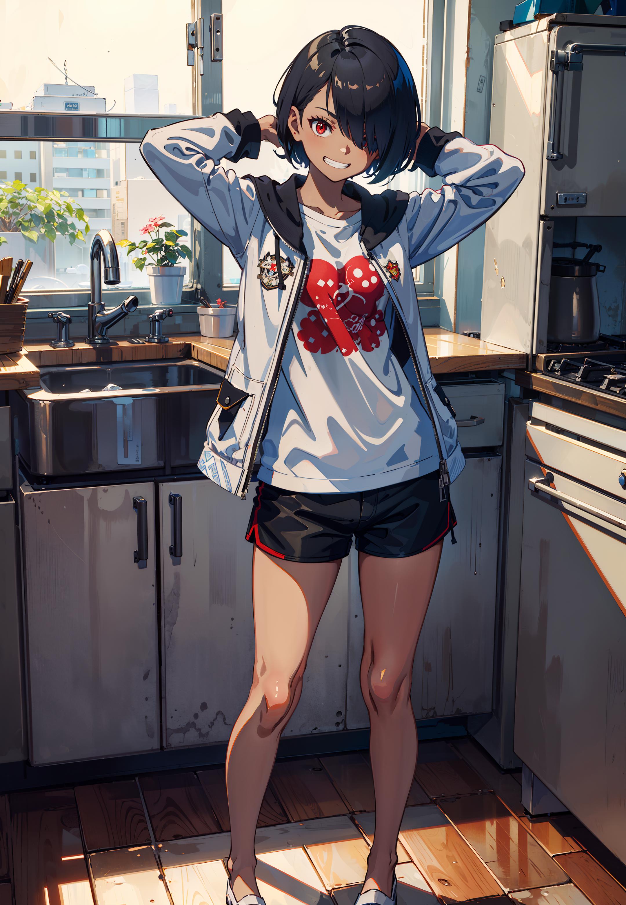 Anime girl in a kitchen with a heart on her shirt - SeaArt AI