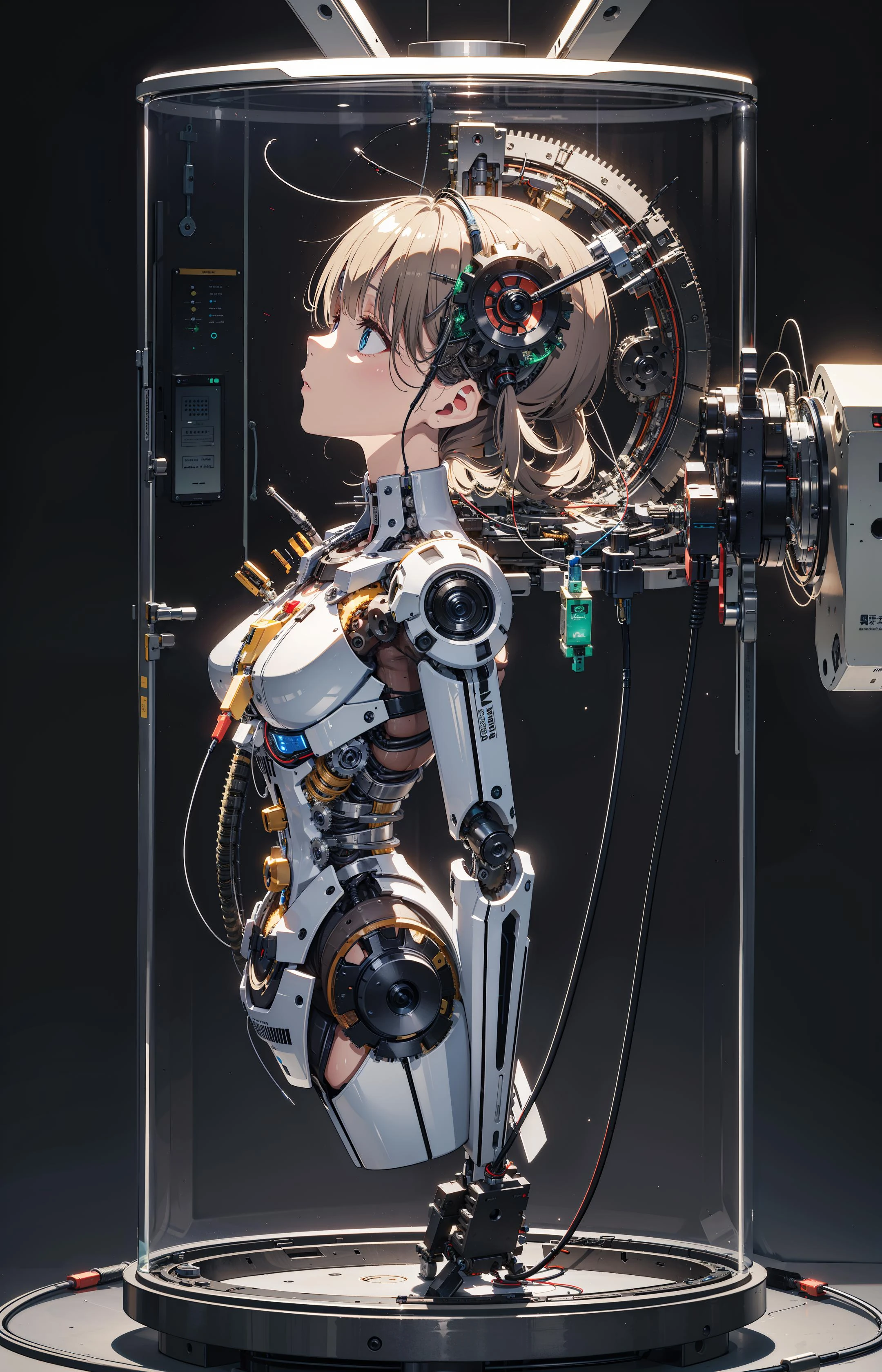 masterpiece, best quality, sitting, full body, indoors, from side, 
(1 mechanical girl locked on a hanger:1.5),(transparent surfaces and skins:1.5),(many mechanical gears and electronic components inside the body:1.4),(mechanical vertebra and cervial:1.3),solo,expressionless,(wires and cables attaching to head and body:1.4),(mechanical arms of surgical machine around:1.2),(Circuit boards:1.4),(character focus:1.3),science fiction,