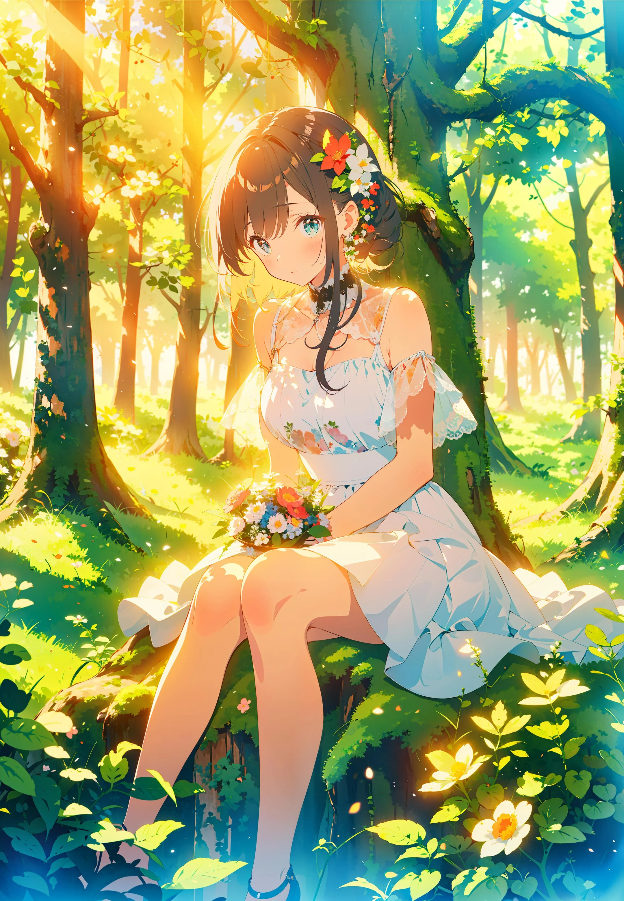 傑作,最好的品質,1个女孩, 坐在草地上, 花朵, holding 花朵, 溫暖的燈光, 白色禮服, 前景模糊, (森林:1.5)