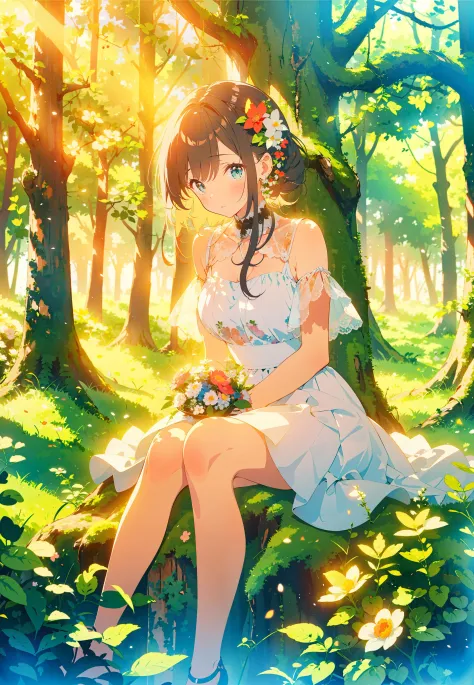 masterpiece,best quality,ï¼
1girl, sitting on grass, flowers, holding flowers, warm lighting, white dress, blurry foreground, (...