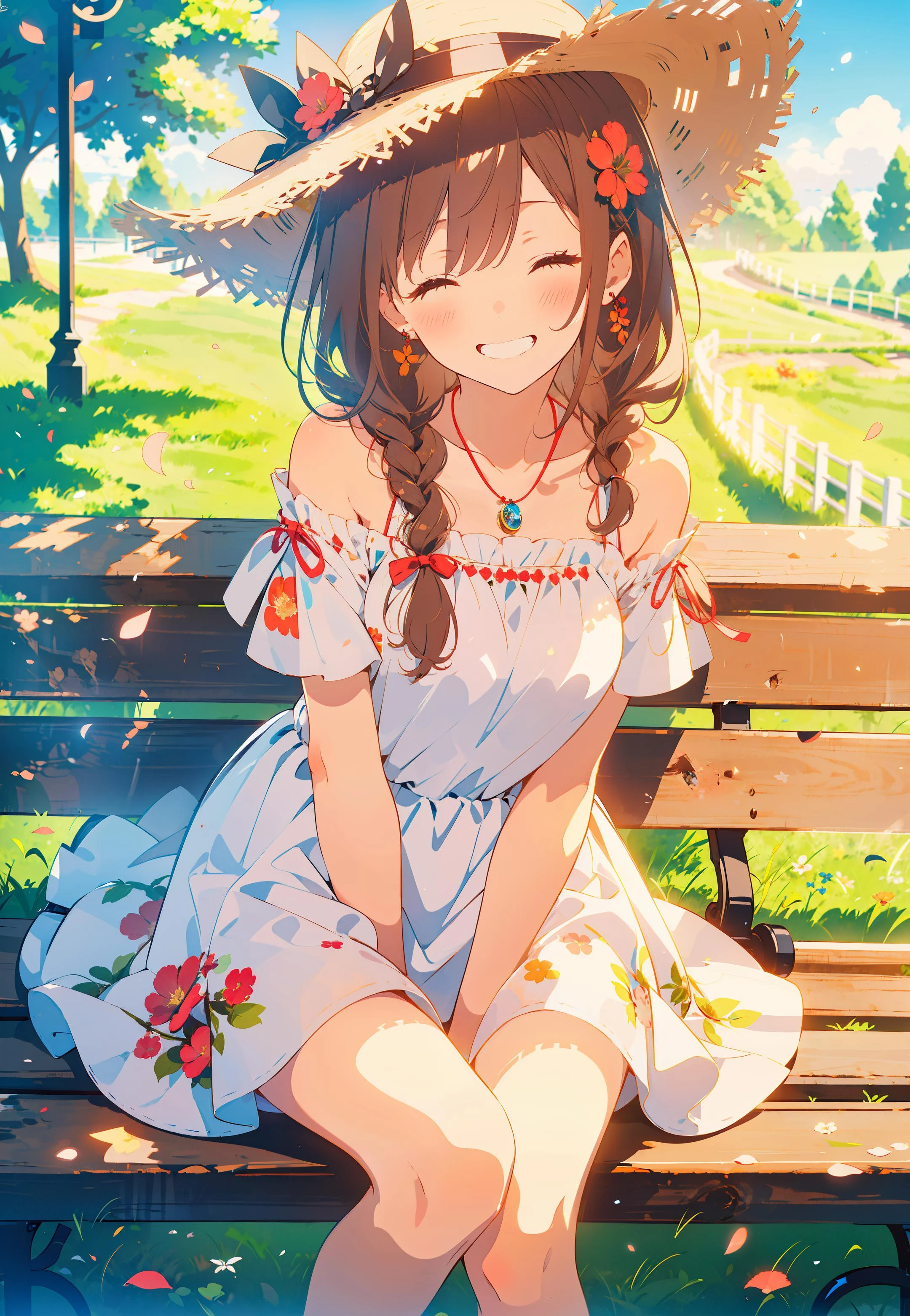 masterpiece, best quality, looking at viewer,
1girl, solo, smile, sitting, hat, shoulder cutout, braid, dress, brown hair, (closed eyes:1.1), twin braids, blush, long hair, bench, grin, grass, white dress, jewelry, clothing cutout, bangs, necklace, floral print, blurry, hand between legs, blurry background, between legs, bow, facing viewer, breasts, bare shoulders, sun hat, straw hat, day, collarbone, hair bow, short sleeves, feet out of frame, ribbon, brown headwear, on bench, depth of field, park bench, ^_^, hair over shoulder,
day, sky, flower field, petals,