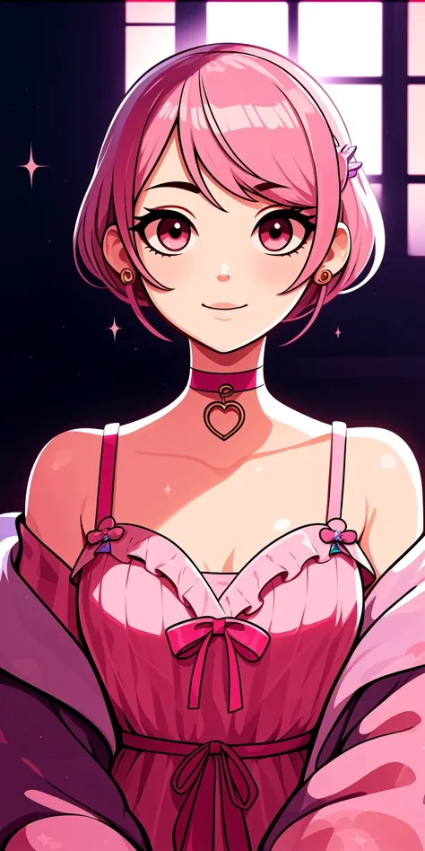 anime girl in pink dress with pink hair and a pink collar