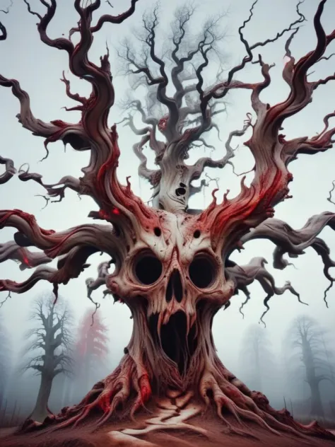 1tree, single tree, skeletons hanging from tree, hanging bodies, blood, horrific scene, huge horror tree made out of bones, tree made out of skeletons, swampy moor background with fog, skeleton trees in the background, red, white, black, yellow, zkeleton 