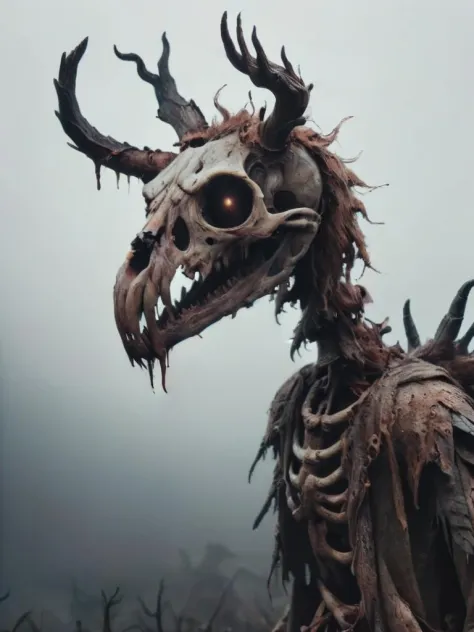 full body shot, skeleton with horns, (wearing bloody animal fur:1.8), viking style, looking evil at viewer, grabing viewer, skeleton hand towards viewer,swampy moor background with fog, zkeleton 