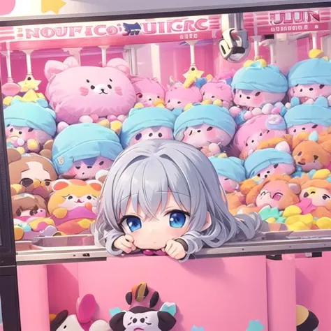 there is a girl that is looking at a bunch of stuffed animals