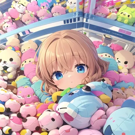 masterpiece,ultra detail,best quality,chibi,petite,girl, scenery, still life,,sleeping,game center((UFOCatcher,Claw machine,)),,from above,stuffed toy <lora:UFOCACTHER_SD15_V4:1.0>,