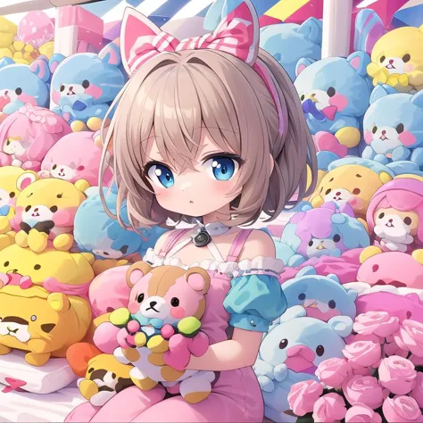 anime girl with a bunch of stuffed animals in a room