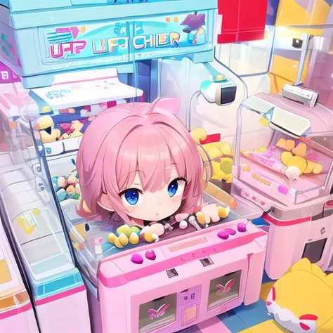 anime girl in a pink dress standing in front of a pink and blue kitchen