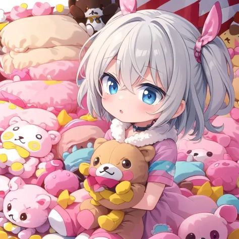 anime girl with white hair and blue eyes surrounded by stuffed animals