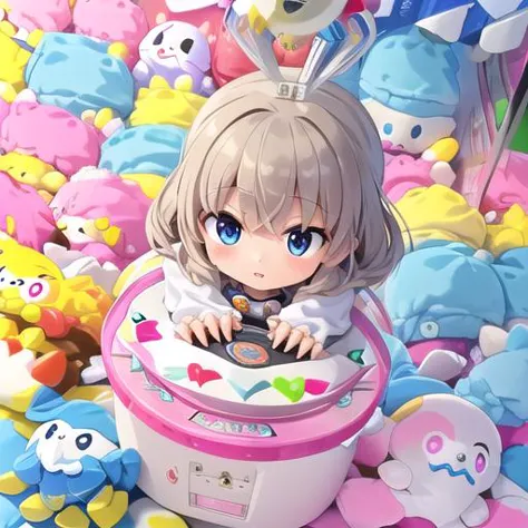 masterpiece,ultra detail,best quality,petite,girl, scenery, still life,playing,game center((UFOCatcher,Claw machine,)),,from above,stuffed toy <lora:UFOCACTHER_SD15_V4:1.0>,push button,claw arm