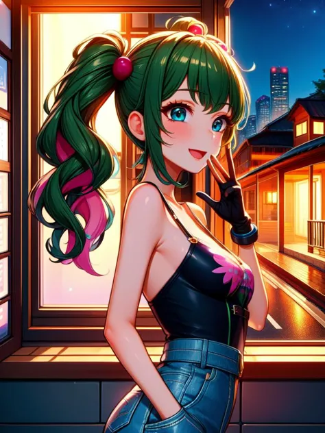 a woman with green hair and a black top standing in front of a window