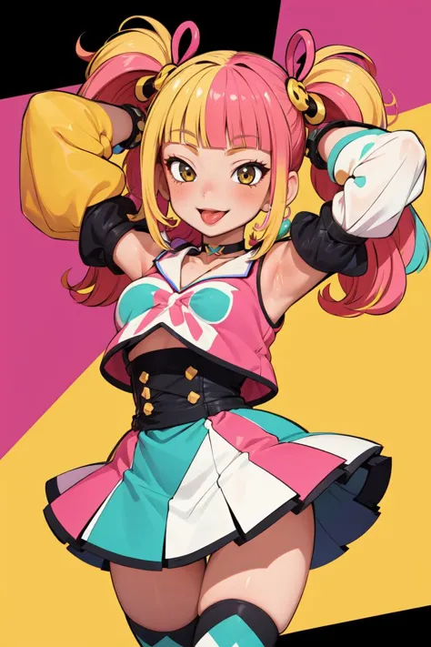 (best quality, ultra detailed), 1girl, solo, arms at side, flashy gyaru, happy, showy, too many accessories, colorful, kogal, high waist mini skirt, detached sleeves, argyle thighhighs, choker, <lora:happy_gyaru_V1:0.6>, evil smile, tongue out