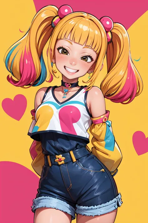 (best quality, ultra detailed), 1girl, solo, arms behind back, flashy gyaru, happy, showy, too many accessories, colorful, kogal, high waist hot pants, detached sleeves, choker, <lora:happy_gyaru_V1:0.6>, smiley face, grin, <lora:gyaru_grin_v1.0:1.4>