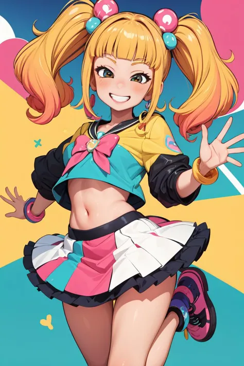 (best quality, ultra detailed), 1girl, solo, flashy gyaru, happy, showy, too many accessories, colorful, kogal, <lora:happy_gyaru_V1:0.6>, smiley face, grin, <lora:gyaru_grin_v1.0:1.1>