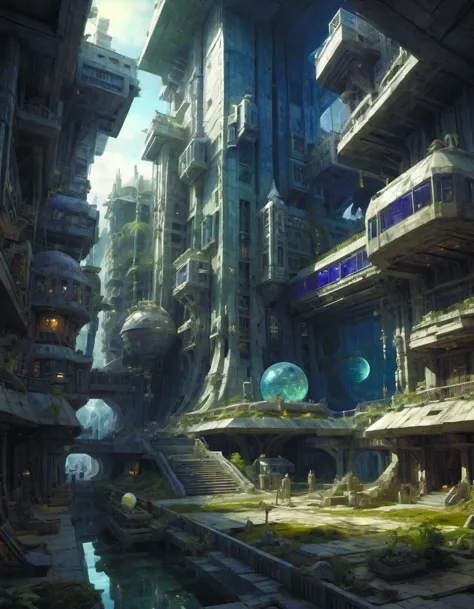 a painting of a futuristic city with a river running through it