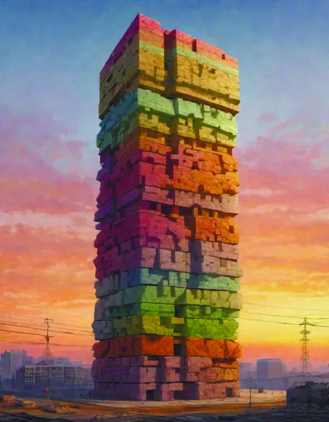 a painting of a tall tower made of blocks in a city