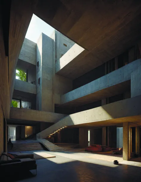 arafed view of a building with a staircase and a couch