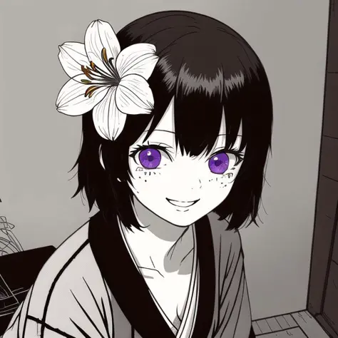 <lora:omao:1>, omao, monochrome, greyscale, 
 1girl, bangs, brown hair, crossed legs, flower, grin, hair ornament, hair over one eye, highres, holding, japanese clothes, kimono, looking at viewer, mole, mole under eye, red flower, rita rossweisse \(umbral rose\), short hair, smile, solo, spider lily, teeth, violet eyes