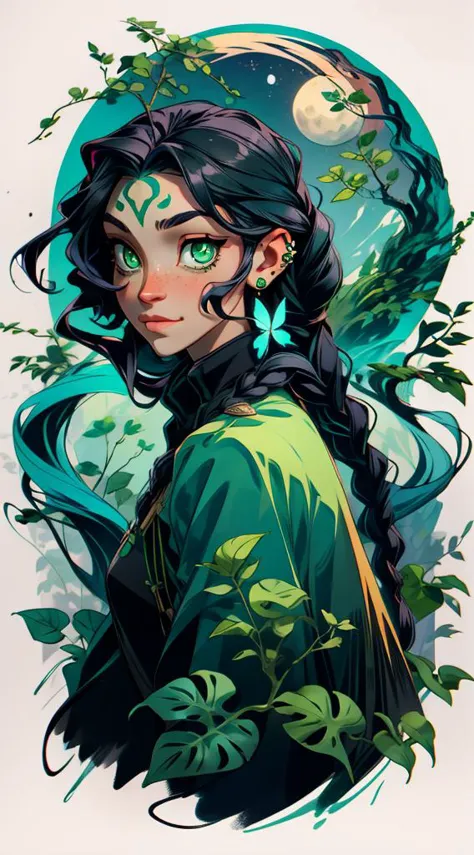 (masterpiece, graphic art), ((art nouveau style)), 1girl, (wise eyes, adult, green eyes, dark pupils), long braid made from leaves, vines, black hair with green vines, teal ombre hair, green vines in hair, leaves in hair, soft freckles on nose, detailed face, symmetrical forehead tattoo, clothes made from leaves and bark, flowing dress made from leaves, gorget, cloak, jewellery, eyebrow piercing, ear piercing, turning into leaves, swirling leaves, bark, wood, natural forms, nature, large moon, moonlight, sky, clouds, updraft, floating leaves, light smile, distant mountains, dynamic pose, butterfly style, depth of field, cowboy shot, backlit, adventure, magical, wild, intricate border, 