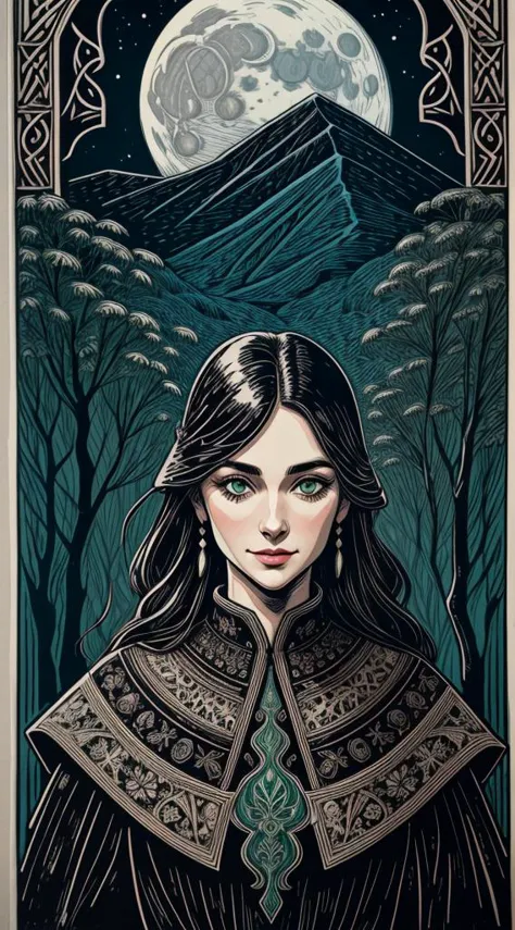 (((linocut, linoprint, graphic art, woodcut))), textured background, ((art nouveau style)), 1girl, celtic styling, intricate border, (wise eyes, adult, green eyes, dark pupils), long braid, vines, black hair with green vines, green vines in hair, leaves in hair, soft freckles on nose, detailed face, symmetrical forehead tattoo, clothes made from leaves and bark, flowing dress made from leaves, animals, owl, fox, cloak, jewellery, piercings, swirling leaves, bark, wood, natural forms, nature, large moon, stars, moonlight, sky, clouds, updraft, floating leaves, light smile, distant mountains, dynamic pose, depth of field, cowboy shot, backlit, shadowed face, magical, wild,  