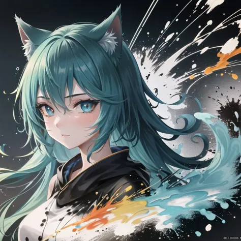 ((best quality)), ((highly detailed)), masterpiece, ((official art)), (detailed eyes, deep eyes), (1girl:1.33, solo), cat girl, cat ears, 1cat tail, :3, pxint, portrait, Aqua and orange, droplets, flowing, with a splash of paint, paint splash, multicolored, sparkle, (abstract)