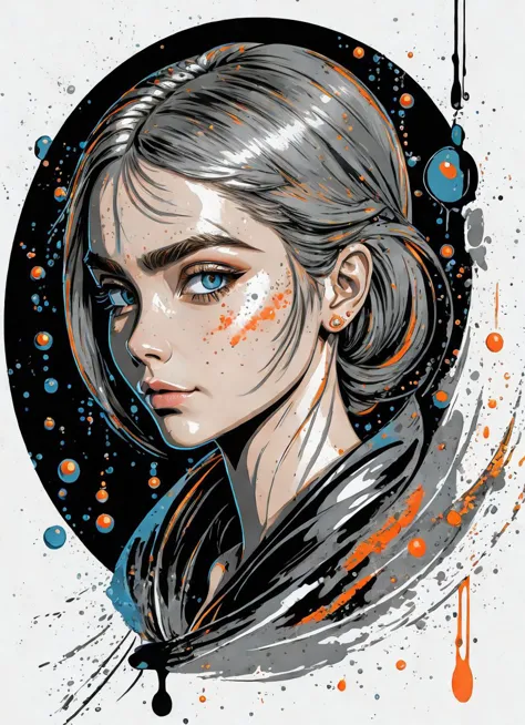 (masterpiece, best quality:1.1), pxint, (1girl:1.05) [caradelevingne_ti:4lexb0tez:0.2], detailed eyes, portrait, beautiful, looking at viewer, droplets, Taupe gray and Alloy orange, sparkle, bubble, flowing, with a splash of paint, (abstract:0.8) 