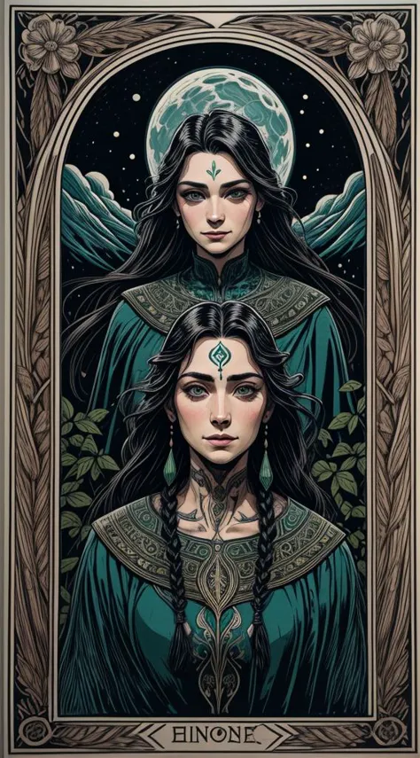 (((graphic art, graphic pen drawing, graphic poster, linocut, linoprint))), ((art nouveau style)), 1girl, (wise eyes, adult, green eyes, dark pupils), long braid made from leaves, vines, black hair with green vines, teal ombre hair, green vines in hair, leaves in hair, soft freckles on nose, detailed face, symmetrical forehead tattoo, clothes made from leaves and bark, flowing dress made from leaves, animals, cloak, jewellery, eyebrow piercing, ear piercing, turning into leaves, swirling leaves, bark, wood, natural forms, nature, large moon, moonlight, sky, clouds, updraft, floating leaves, light smile, distant mountains, dynamic pose, butterfly style, depth of field, cowboy shot, backlit, shadowed face,  magical, wild, intricate border, 